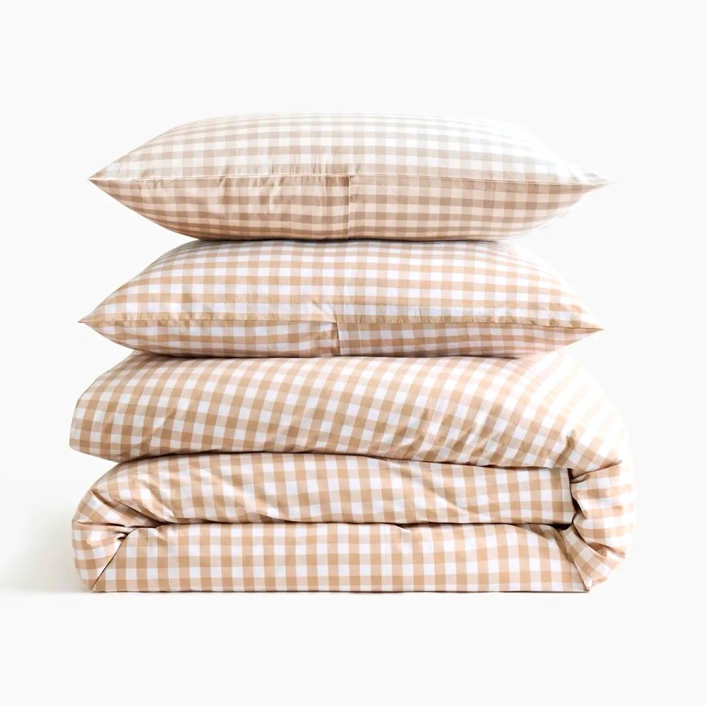 Quince Organic Crisp Percale Cotton Gingham Duvet Cover Set King/Cal King Shams
